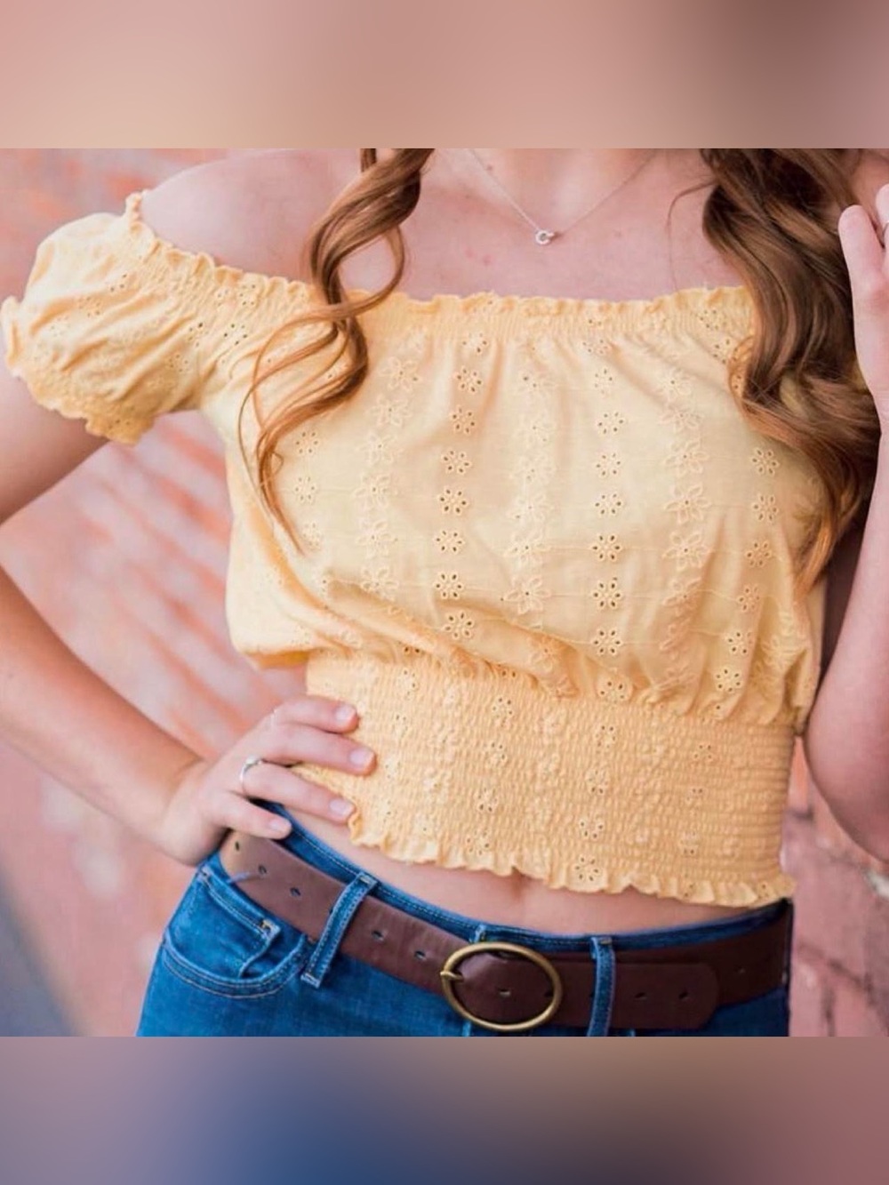 Justify Yellow Eyelet Off-Shoulder Smocked Crop Top Small